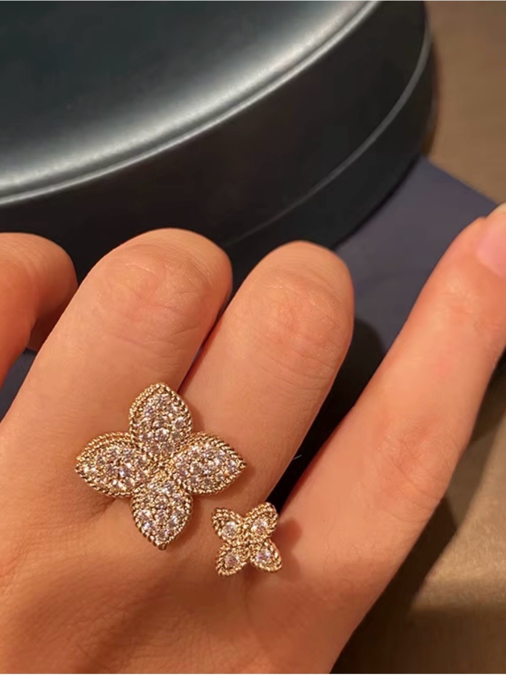 Gold Crystal Floral Open Ring - Gold Sparkle  Jewelry